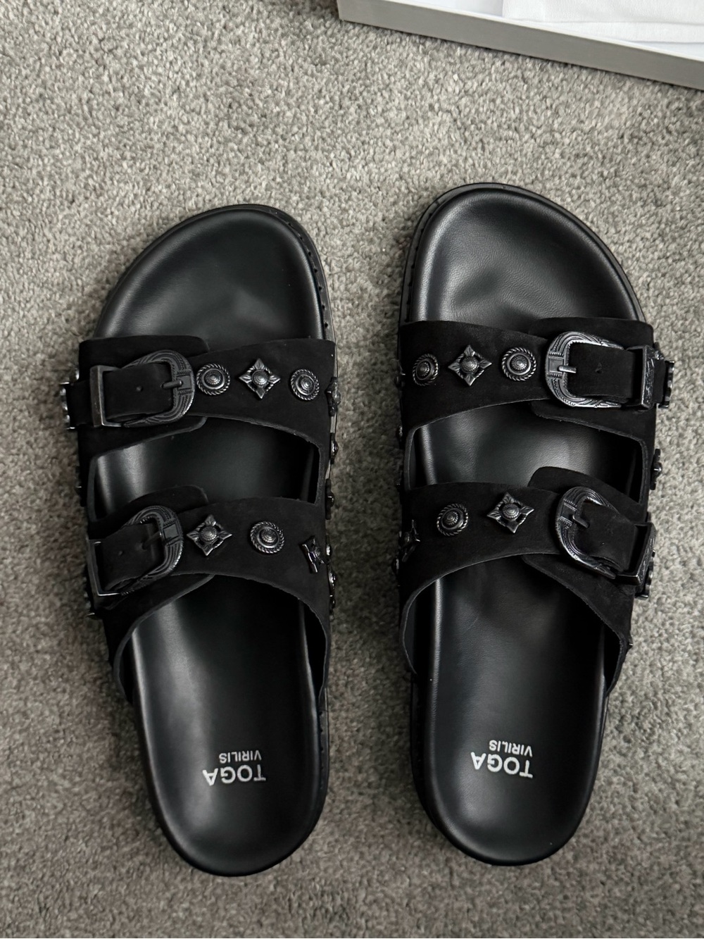 Toga Virilis Black Buckle Suede Sandals